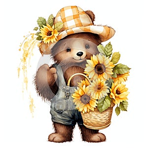 Cute watercolor bear with sunflower illustration, teddy bears clipart