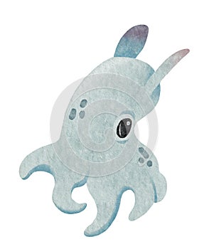 Cute watercolor blue Dumbo octopus. Deep sea creature