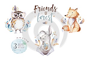 Cute watercolor bohemian baby cartoon rabbit and bear animal for kindergarten, woodland deer, fox and owl nursery