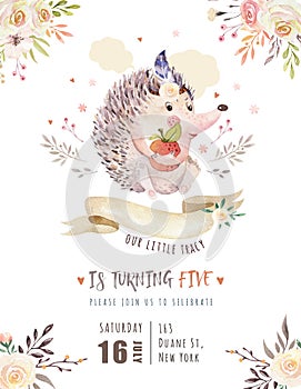 Cute watercolor bohemian baby hedgehog animal poster for nursary with bouquets, alphabet woodland isolated forest photo