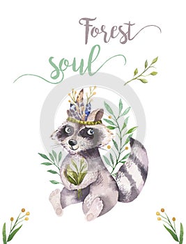 Cute watercolor bohemian baby raccoon animal poster for nursary with bouquets, children alphabet woodland isolated