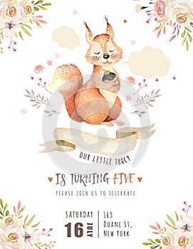 Cute watercolor bohemian baby squirrel animal poster for nursary, alphabet woodland isolated forest illustration for