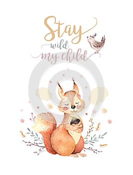 Cute watercolor bohemian baby squirrel animal poster for nursary, alphabet woodland isolated forest illustration for