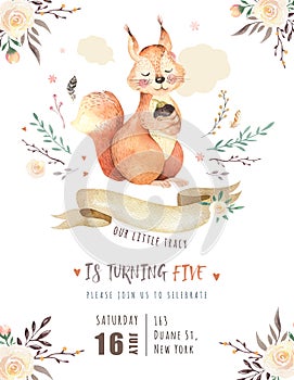 Cute watercolor bohemian baby squirrel animal poster for nursary, alphabet woodland isolated forest illustration for