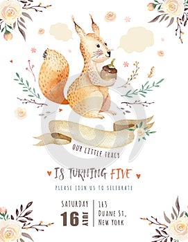 Cute watercolor bohemian baby squirrel animal poster for nursary, alphabet woodland isolated forest illustration for