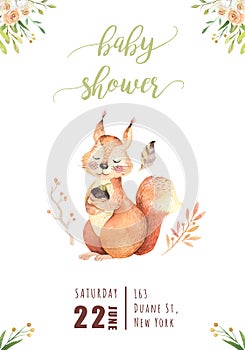 Cute watercolor bohemian baby squirrel animal poster for nursary, alphabet woodland isolated forest illustration for