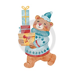 Cute watercolor brown bear with Christmas presents isolated on white. Kids cartoon New Year illustration with cute bear for