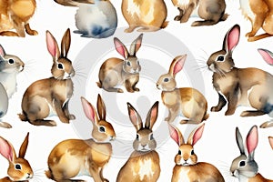 Cute watercolor bunnies pattern, rabbits on white background