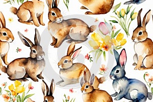 Cute watercolor bunnies pattern, rabbits on white background with flowers, painted eggs. Easter pattern