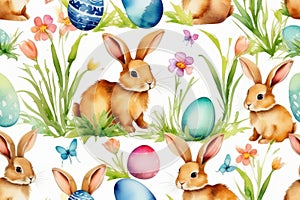 Cute watercolor bunnies pattern, rabbits on white background with flowers, painted eggs. Easter pattern