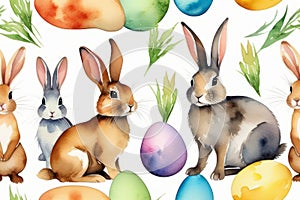 Cute watercolor bunnies pattern, rabbits on white background with painted eggs. Easter pattern