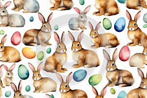 Cute watercolor bunnies pattern, rabbits on white background with painted eggs. Easter pattern