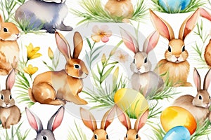 Cute watercolor bunnies pattern, rabbits on white background with painted eggs and flowers. Easter pattern