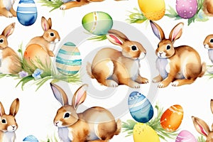 Cute watercolor bunnies pattern, rabbits on white background with painted eggs and flowers. Easter pattern