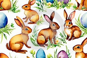 Cute watercolor bunnies pattern, rabbits on white background with painted eggs and flowers. Easter pattern