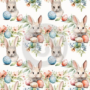 cute watercolor bunny with easter eggs on green background seamless pattern. tile