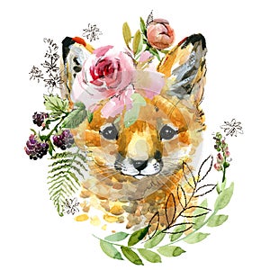 Cute watercolor cartoon fox. forest animal illustration.