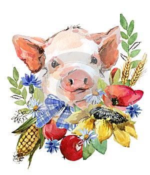 Cute watercolor cartoon pig. farm animal illustration. funny piggy