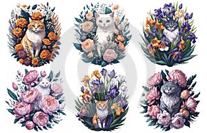 Cute Watercolor Cat in flowers blossom illustration set. T-shirt print, card. Poster cat. Peony flowers. Isolated on