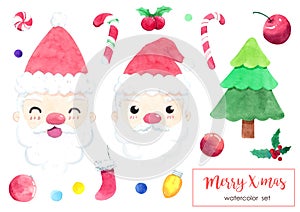 Cute watercolor Christmas objects set: Santa Claus, Fir tree, ball, sweet, sock, holly berry, fairy lights icon.