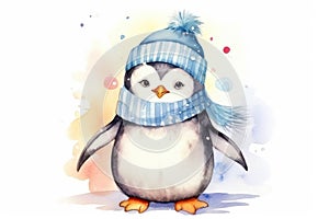 Cute watercolor Christmas penguin in a hat and scarf on a background of watercolor stains. Festive New Year Illustration