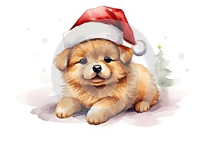 Cute watercolor Christmas puppy in a Santa Claus hat. Xmas dog. Illustration isolated on a white background. Festive New