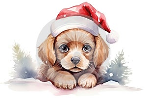 Cute watercolor Christmas puppy in a Santa Claus hat. Xmas dog. Illustration isolated on white background. Festive New