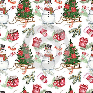 Cute watercolor Christmas seamless pattern with watercolor snowman, fir holiday tree, winter greenery on white background.