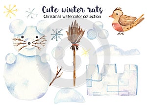 Cute watercolor Christmas snow rat with a snowman, broom, snow fortress