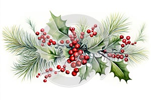 Cute watercolor Christmas wreath from green twigs and mistletoe branches isolated on white background. Decoration for