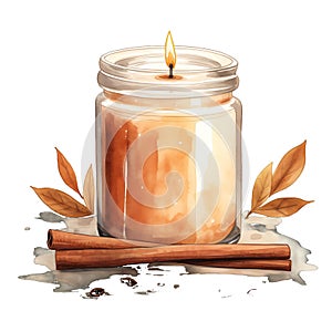 Cute watercolor cinnamon scent candle autumn fall, illustration