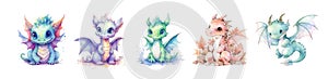 Cute watercolor colorful dragons set, isolated on white. Generative AI