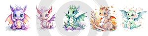 cute watercolor colorful dragons set, isolated on white. Generative AI