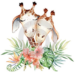 Cute watercolor couple of geraffes with tropical flowers card