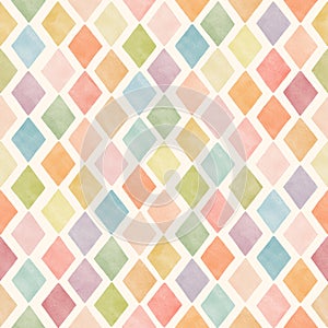 Cute watercolor diamonds seamless pattern. Pastel colored geometric repeated design with brush texture. Colorful simple