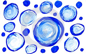 Cute watercolor drawing by hand blue and white circles balls bubbles of different sizes on a white background