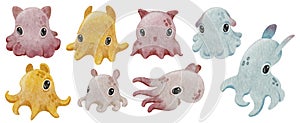 Cute watercolor Dumbo octopus collection. Deep sea creature set