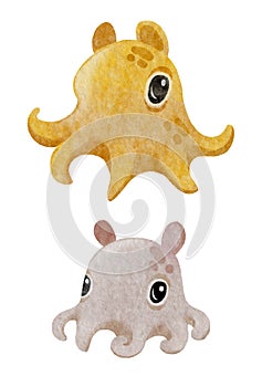 Cute watercolor Dumbo octopus. Deep sea creature