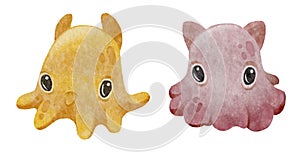 Cute watercolor Dumbo octopus. Deep sea creature