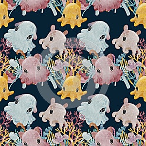 Cute watercolor dumbo octopus in pastel colors seamless pattern on dark backgrounds and seaweed and algae