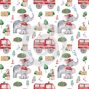 Cute watercolor elephant seamless pattern for Baby Shower with mouse and fire car. Beauty illustration for kids textile, card.