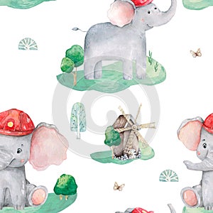 Cute watercolor elephant seamless pattern for Baby Shower with mouse and fire car. Beauty illustration for kids textile, card.