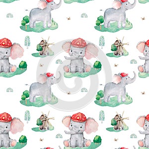 Cute watercolor elephant seamless pattern for Baby Shower with mouse and fire car. Beauty illustration for kids textile, card.