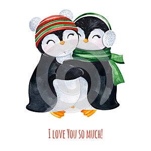 Cute watercolor embracing penguins in winter knitted clothes