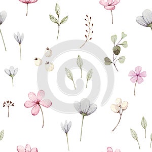 Cute Watercolor Floral Seamless  floral Surface Pattern with Pink and Blue small flowers and green leaves on white background. Han