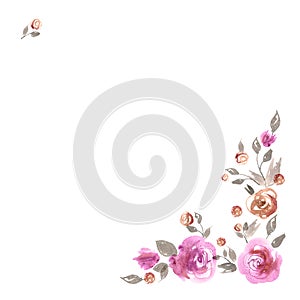 Cute watercolor flower border. Background with pink roses.