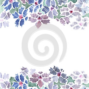 Cute watercolor flower border with blue bachelor buttons. Invitation.