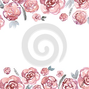 Cute watercolor flower border with pink roses. Invitation. Wedding card. Birthda