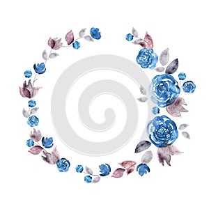 Cute watercolor flower frame. Background with blue roses.