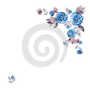 Cute watercolor flower frame. Background with blue roses.